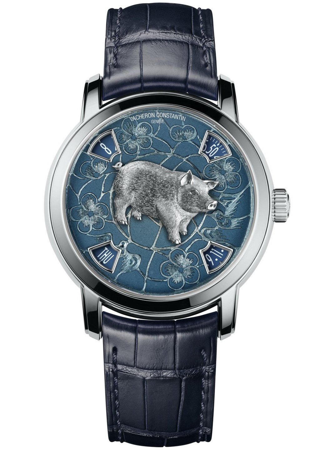 Vacheron Constantin’s platinum limited-edition Metiers d’Art The Legend of the Chinese zodiac: Year of the Pig timepiece, which shows the date and time without moving hands.