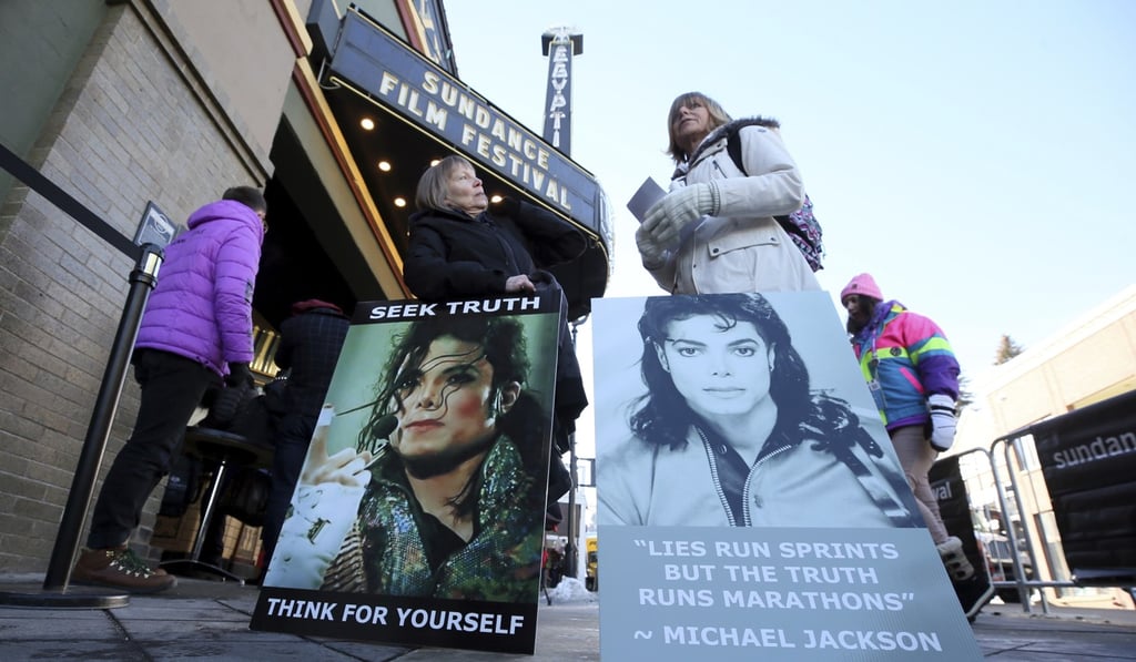 Signs outside the cinema showing the premiere of ‘Leaving Neverland’ at the Sundance Film Festival in Park City, Utah. Photo: AP