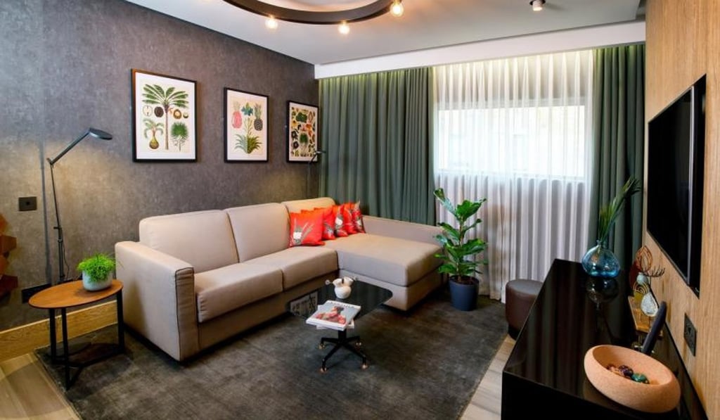 The living area in the vegan room at the Hilton London Bankside hotel, created by design firm Bompas & Parr, includes the use of pinatex, a fruit leather made from the fibres of pineapple leaves, and cotton carpets. Photo: Handout The living area in the vegan room at the Hilton London Bankside hotel, created by design firm Bompas & Parr, includes the use of pinatex, a fruit leather made from the fibres of pineapple leaves, and cotton carpets. Photo: Handout