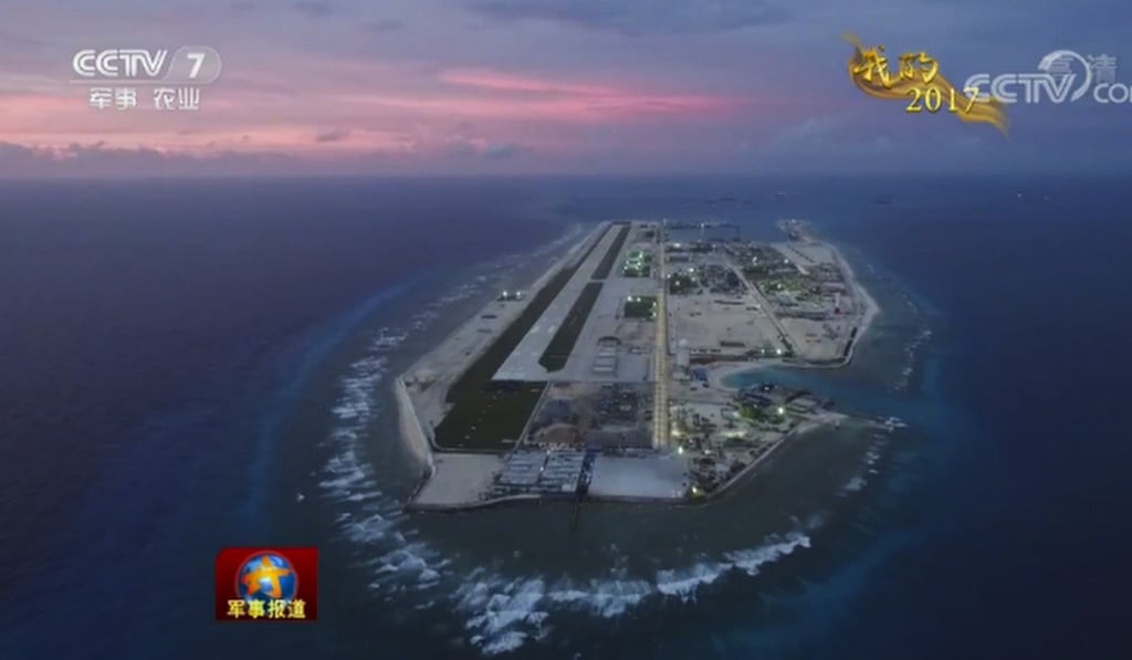Land reclamation has expanded Fiery Cross from a reef to a 2.8 sp km artificial island. Photo: CCTV