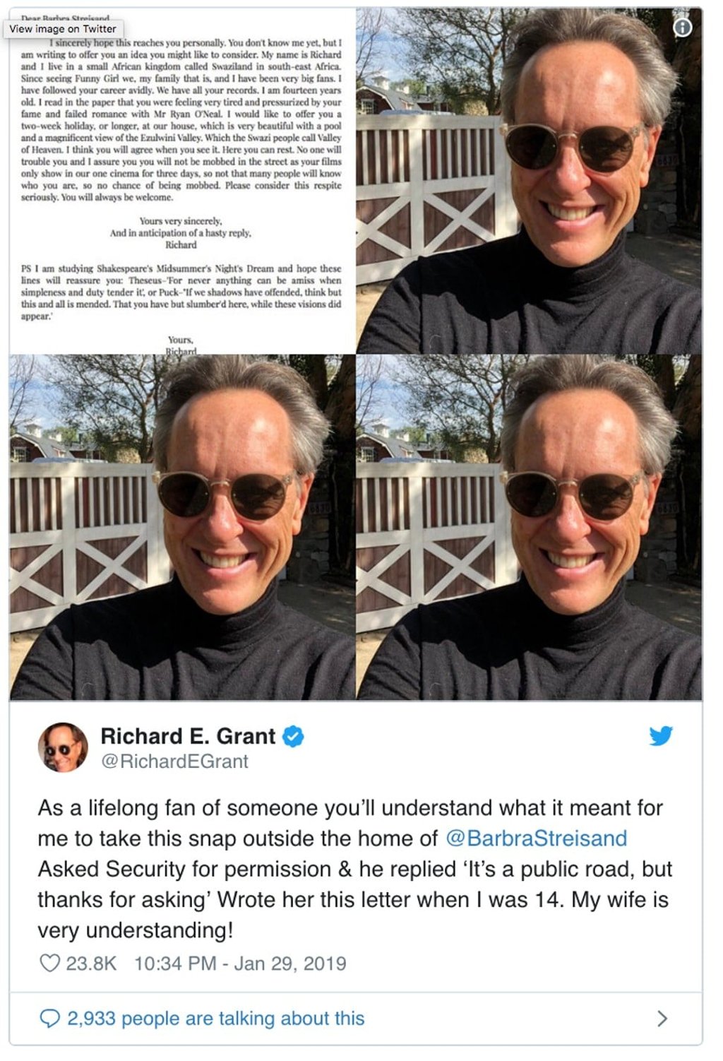 Grant’s Twitter post sent from outside Barbra Streisand's house. Photo: Twitter/@RichardEGrant