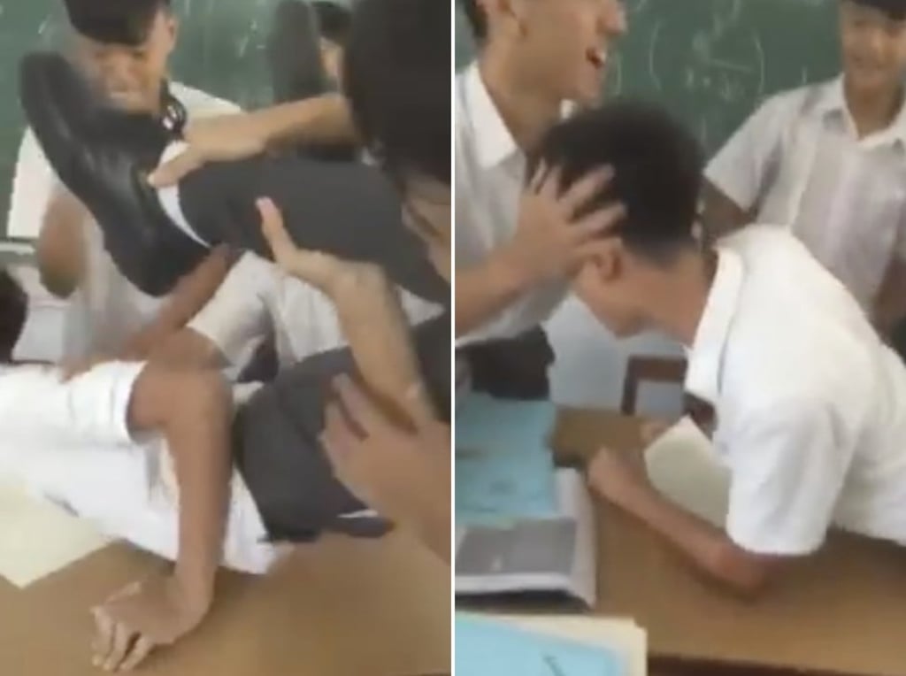 Screen grabs of the video show students from Yan Chai Hospital Tung Chi Ying Memorial Secondary School bullying a fellow student in a classroom. Picture: Facebook