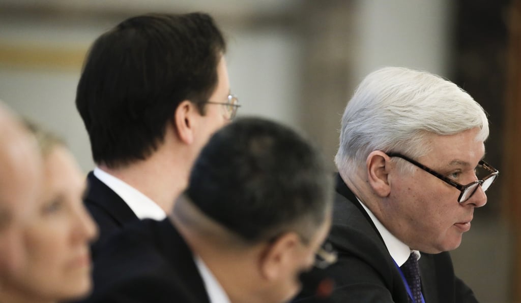 US Under Secretary of State Andrea Thompson, left, and Deputy Director of the Department for Non-Proliferation and Arms Control of the Russian Ministry of Foreign Affairs Oleg Rozhkov, right, attends a panel discussion. Photo: AP