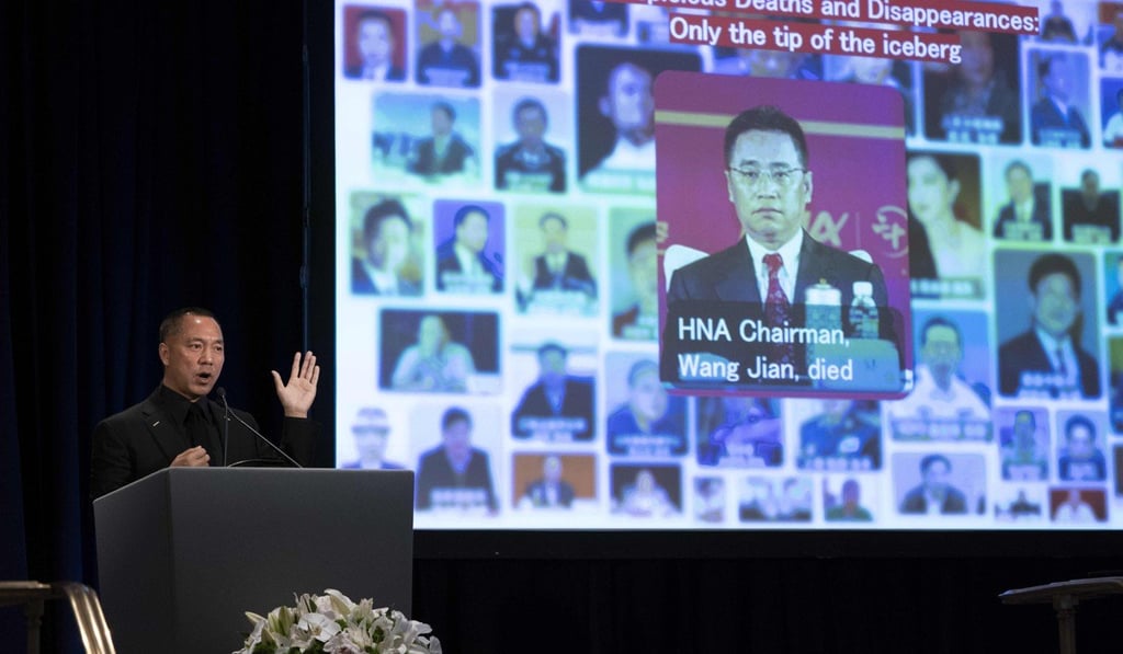 Fugitive Chinese billionaire Guo Wengui at a news conference a in November 2018 in New York on the death of Wang. Photo: AFP