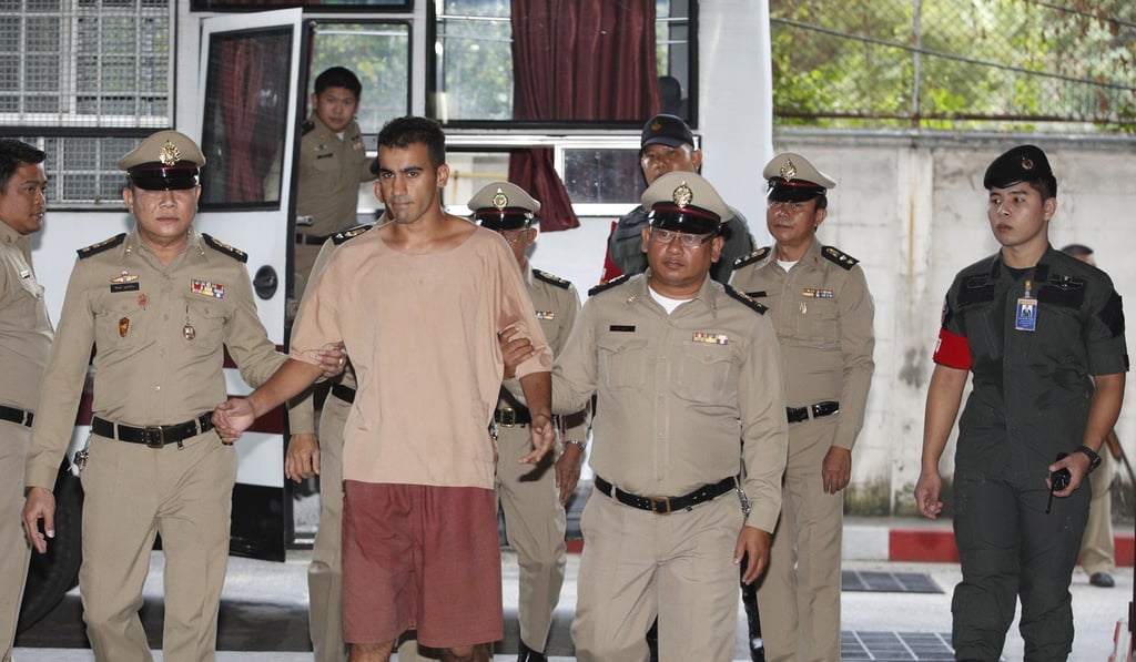 Bahraini soccer player with Australian refugee status Hakeem al-Araibi is escorted by Thai prison officers as he arrives for extradition hearing at the Criminal Court in Bangkok, Thailand. Photo: EPA Bahraini soccer player with Australian refugee status Hakeem al-Araibi is escorted by Thai prison officers as he arrives for extradition hearing at the Criminal Court in Bangkok, Thailand. Photo: EPA