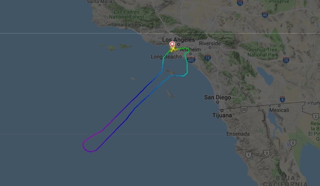 An image from flightradar24.com shows that during one of the flights, the plane looped back after less than an hour and spent another hour returning to the Los Angeles airport.