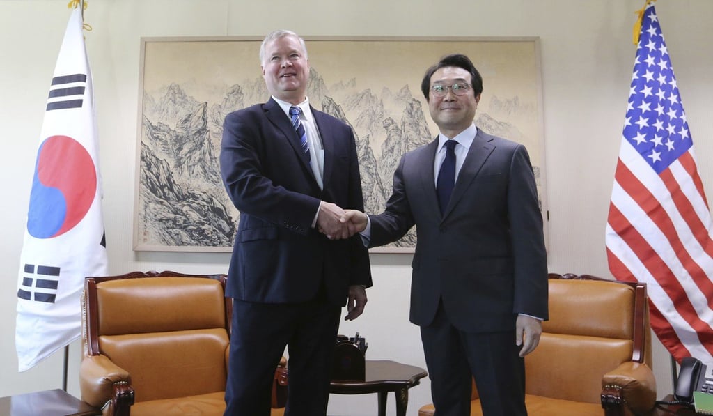 US special representative for North Korea Stephen Biegun with South Korea’s Special Representative for Korean Peninsula Peace and Security Affairs Lee Do-hoon. Photo: AP