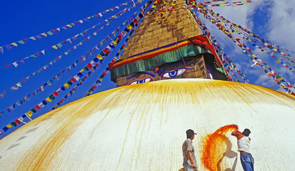 Saffron water is thrown over the Boudhanath stupa, the biggest in Asia. Picture: Alamy Saffron water is thrown over the Boudhanath stupa, the biggest in Asia. Picture: Alamy