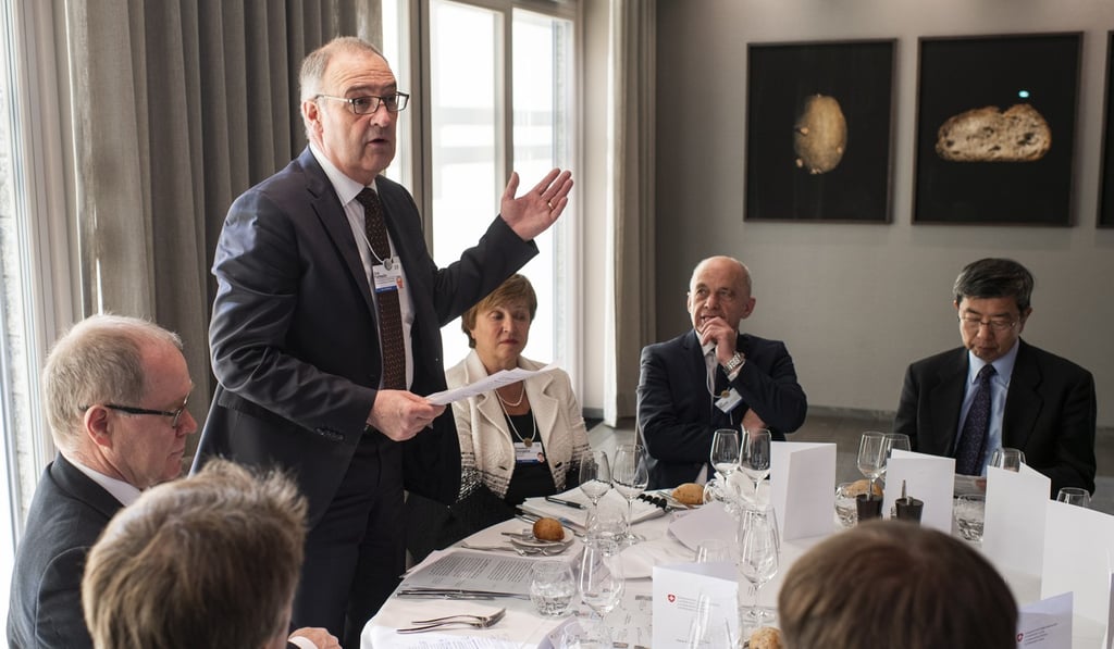 Swiss Economic Minister Guy Parmelin speaking at a lunch on the sideline of the World Economic Forum in Davos, Switzerland in January 2019. Photo: EPA
