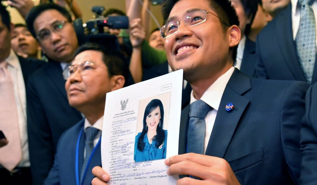 Thai Raksa Chart Party leader Preechapol Pongpanich with a document nominating Princess Ubolratana as a candidate for prime minister. Photo: EPA