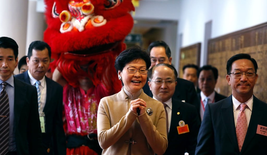 Carrie Lam at the Heung Yee Kuk’s spring reception. Photo: Nora Tam