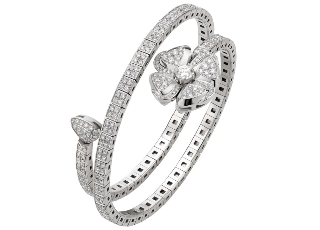 Bulgari’s white-gold diamond bracelet from the four-petal-flower-inspired Fiorever collection.