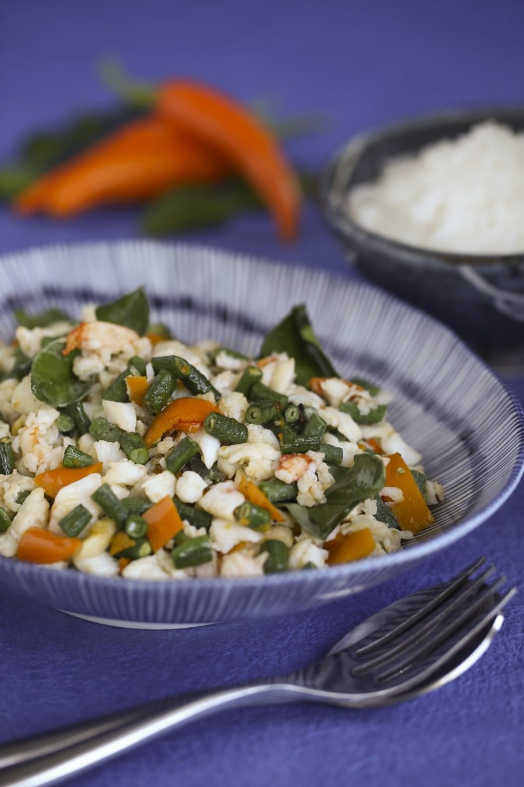 Crabmeat with yellow chillies, long beans and kaffir lime leaf. Photo: Jonathan Wong