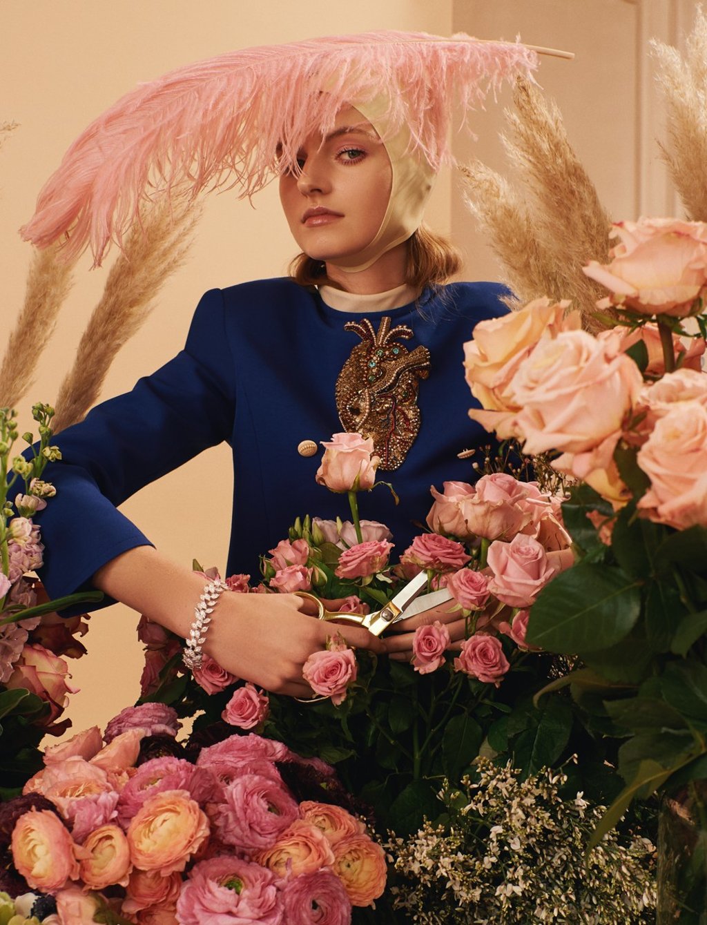 Gucci blue long-sleeved cropped top, HK$26,000; Damiani Emozioni bracelet in white gold and diamonds, HK$702,000; Dead Lotus Couture white latex cap. Price on request Gucci blue long-sleeved cropped top, HK$26,000; Damiani Emozioni bracelet in white gold and diamonds, HK$702,000; Dead Lotus Couture white latex cap. Price on request