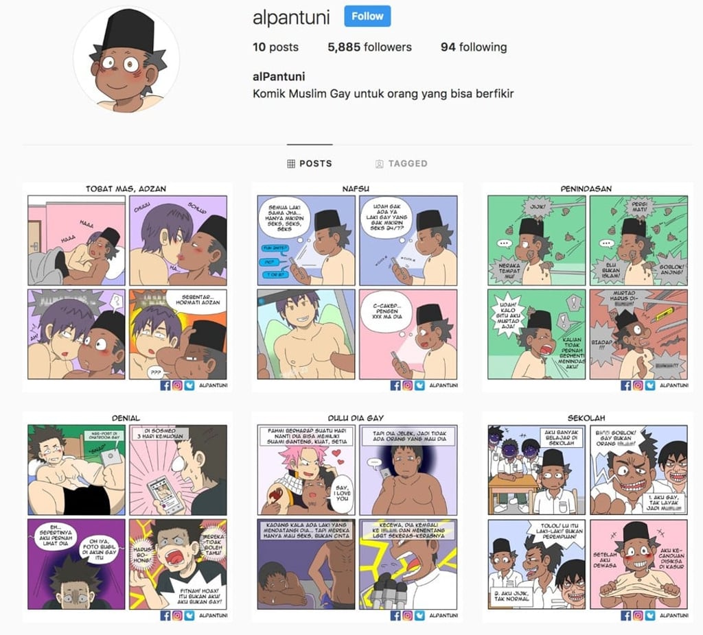 Indonesian gay comic strip Alpantuni disappears from Instagram. Photo: Instagram