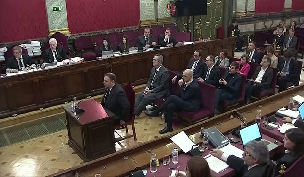Former Catalan Vice President Oriol Junqueras testifies before judges during the trial of jailed Catalan separatist leaders at the Supreme Court in Madrid, Spain, February 14, 2019 in this screengrab taken from video. Photo: Reuter