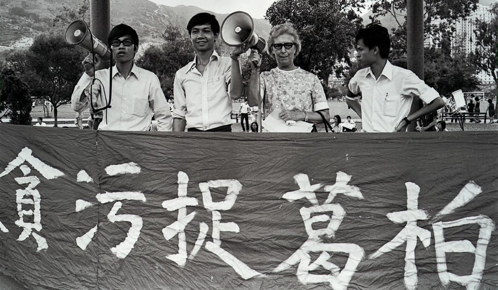 Student leaders and urban councillor Elsie Tu call for the extradition of former chief superintendent Peter Godber, who fled Hong Kong while under investigation, at a rally in Victoria Park in 1973. Photo: SCMP Pictures