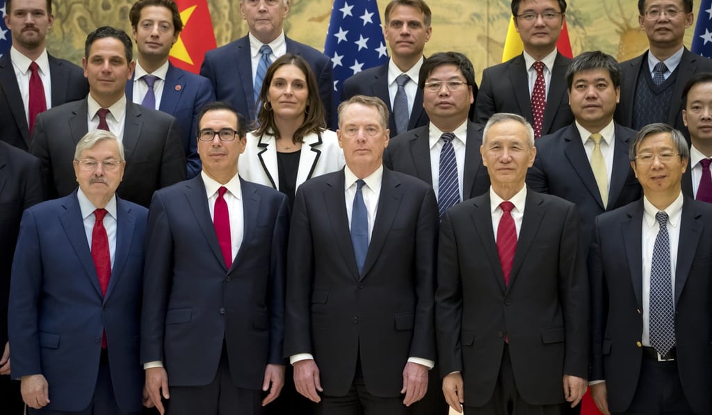Chinese Vice-Premier Liu He (front row, second from right) met US counterparts including Treasury Secretary Steven Mnuchin (second left) and Trade Representative Robert Lighthizer (centre) in Beijing. Photo: EPA-EFE Chinese Vice-Premier Liu He (front row, second from right) met US counterparts including Treasury Secretary Steven Mnuchin (second left) and Trade Representative Robert Lighthizer (centre) in Beijing. Photo: EPA-EFE