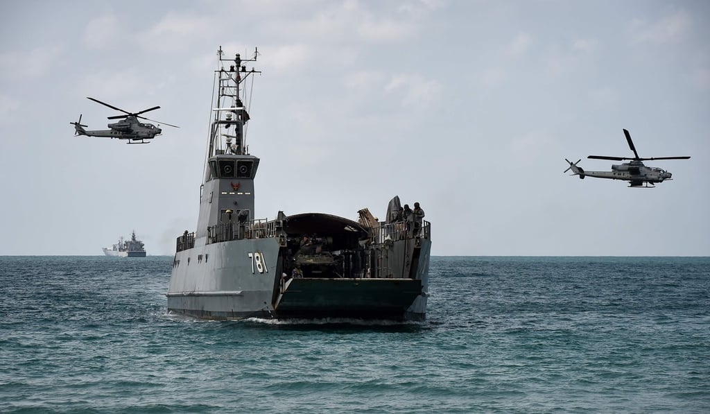 US and Thai soldiers approach the beach during an amphibious landing in Chonburi at the Cobra Gold military exercises. Photo: Agence France-Presse