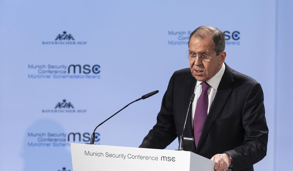 Sergei Lavrov, Russia's foreign minister, at the conference on Saturday. Photo: Bloomberg