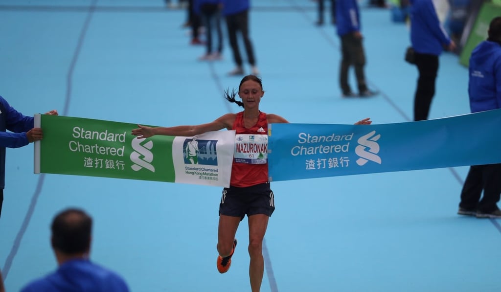 Volha Mazuronak of Belarus wins the women’s marathon. Photo: Nora Tam