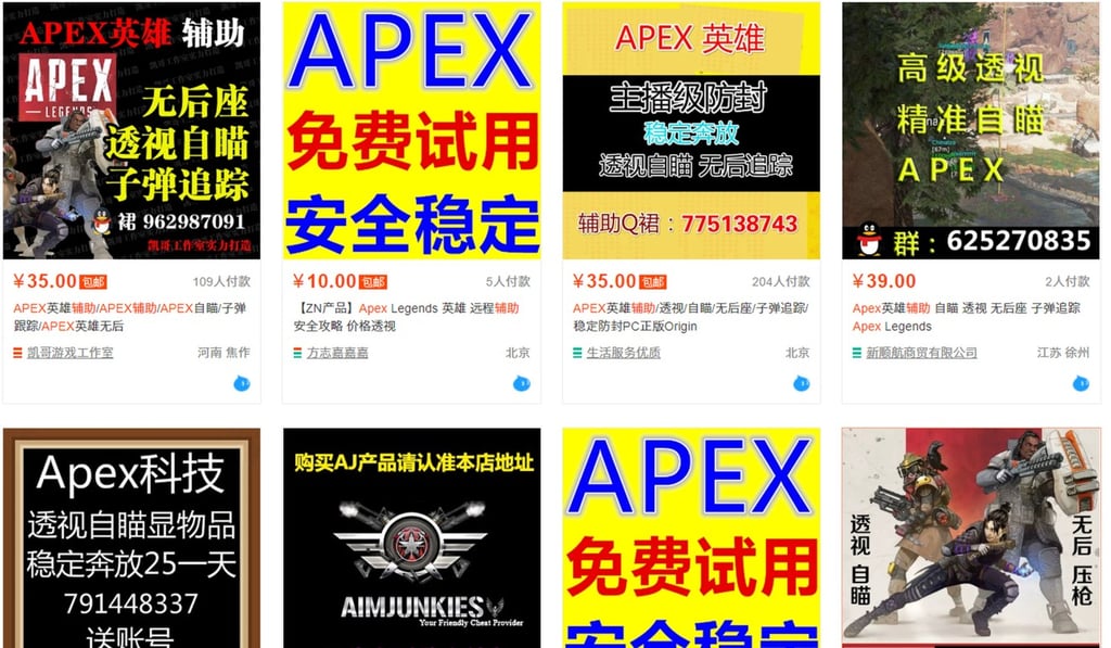Cheat tools for Apex Legends, the latest battle royale title from American video game publisher Electronic Arts, up for sale on Taobao Marketplace. Photo: Handout