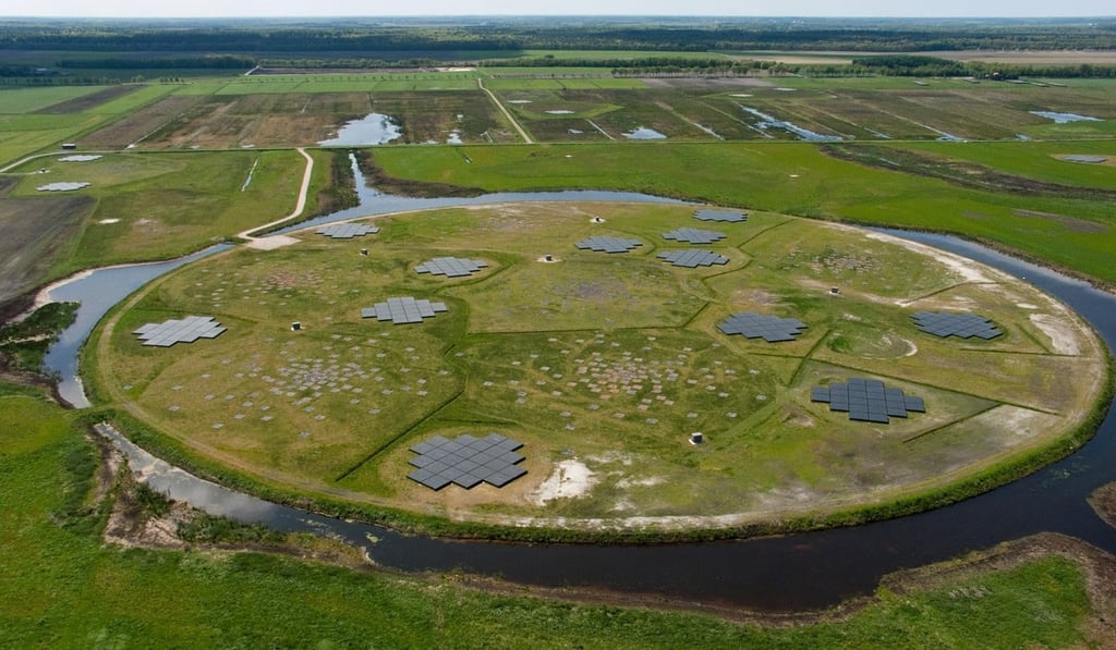 The LOFAR ‘superterp’. This is part of the core of the extended telescope located near Exloo, Netherlands. Photo: handout