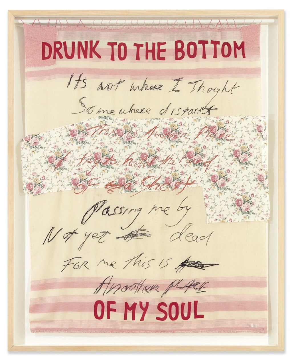 The embroidered appliqué blanket, titled ‘Drunk to the Bottom of my Soul’, by Tracey Emin, which is one of the artworks from the Christie's George Michael Collection auction now on show in Hong Kong.