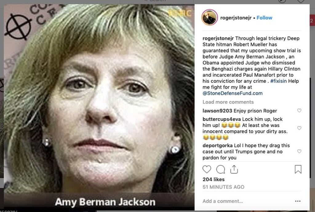 A photo of US Judge Amy Berman Jackson posted by Roger Stone to his Instagram account. It has since been deleted. Photo: Roger Stone / Instagram