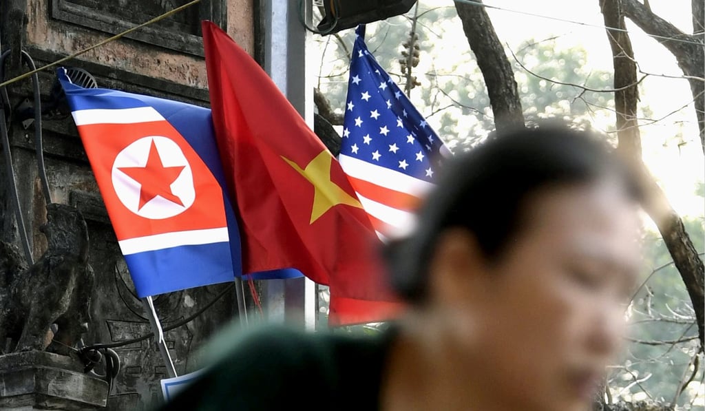 National flags of North Korea, Vietnam and the United States on display in Hanoi. Photo: Kyodo