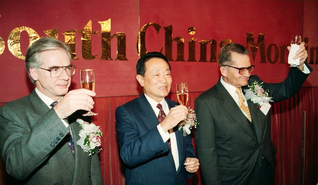 David Armstrong, former editor of the South China Morning Post, with former chairman Robert Kuok and former chief executive Lyn Holloway toast to celebrate the 90th anniversary of the newspaper in 1993. Photo: SCMP