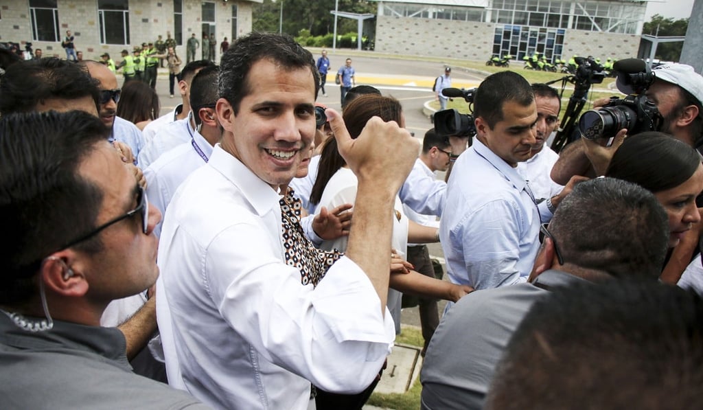 Venezuelan opposition leader Juan Guaido, in an official ceremony in Cucuta on the Colombian side of the Tienditas International Bridge, before the attempt to cross humanitarian aid over the border into Venezuela. Photo: TNS Venezuelan opposition leader Juan Guaido, in an official ceremony in Cucuta on the Colombian side of the Tienditas International Bridge, before the attempt to cross humanitarian aid over the border into Venezuela. Photo: TNS