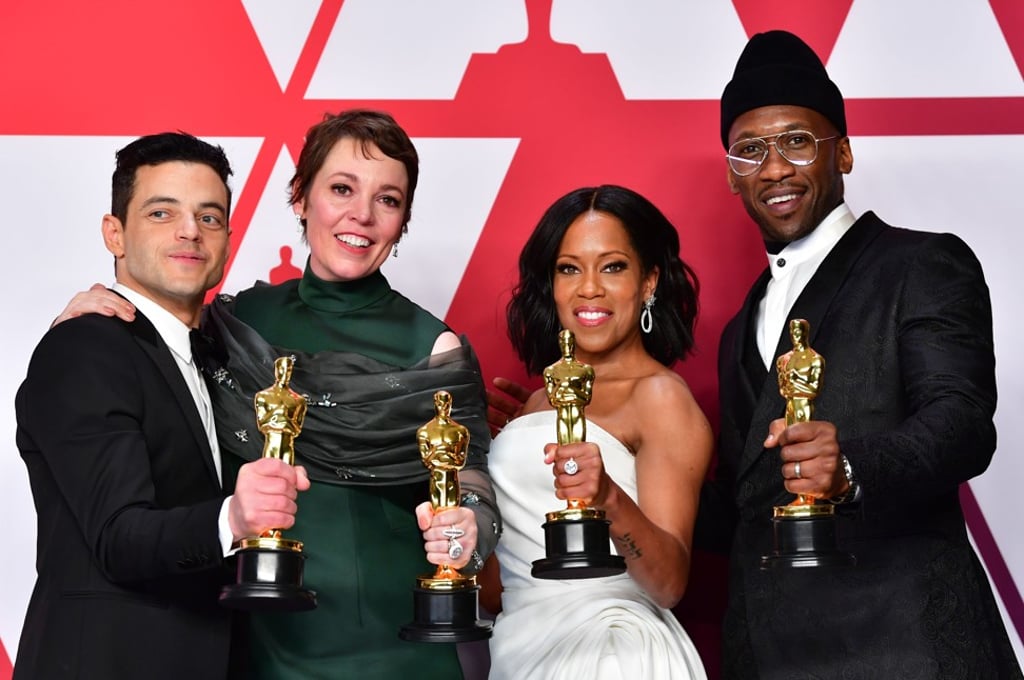 From left, Best Actor Rami Malek, Best Actress Olivia Colman, and the supporting acting category winners Regina King and Mahershala Ali. Photo: AFP