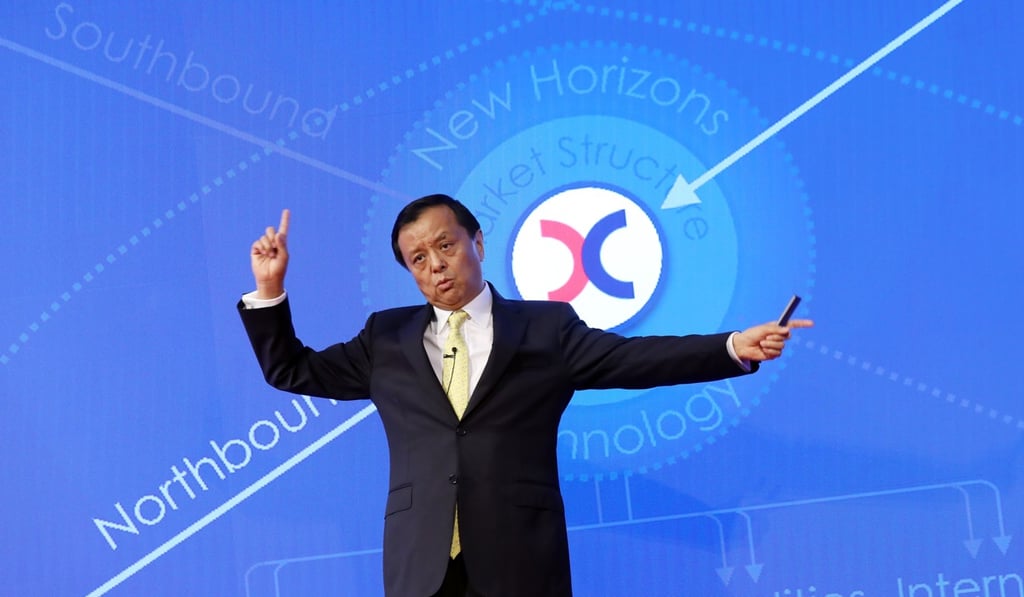 Charles Li Xiaojia, chief executive of HKEX, explains the exchange’s three-year strategic plan during a media briefing on Thursday. Photo: K. Y. Cheng