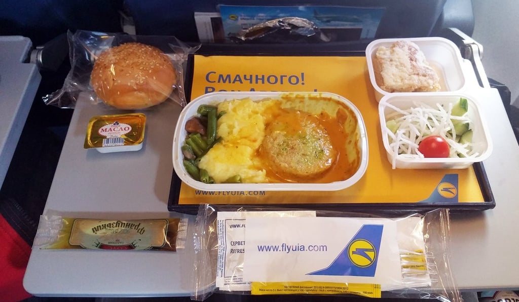 Ukraine International Airlines served a rather sad-looking chicken burger swimming in a light brown sauce with mashed potatoes and vegetables. Photo: Nik Loukas