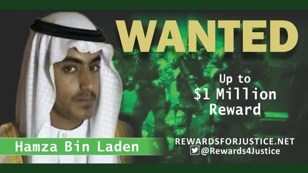 A photograph circulated by the US State Department’s Twitter account announces a US$1 million reward for information leading to the capture of Hamza bin Laden. Photo: Reuters