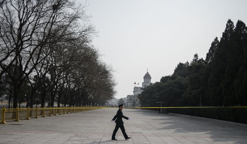 A Chinese paramilitary police officer patrols in front of the Great Hall of the People on Saturday on the eve of the opening session of the Chinese People’s Political Consultative Conference in Beijing. Photo: AFP A Chinese paramilitary police officer patrols in front of the Great Hall of the People on Saturday on the eve of the opening session of the Chinese People’s Political Consultative Conference in Beijing. Photo: AFP