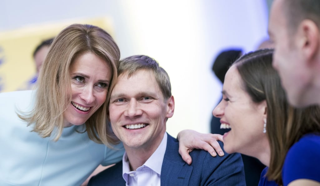 Chairwoman of the Reform Party Kaja Kallas, left, reacts with her team at her party headquarters after a parliamentary elections in Tallinn. Photo: AP Photo