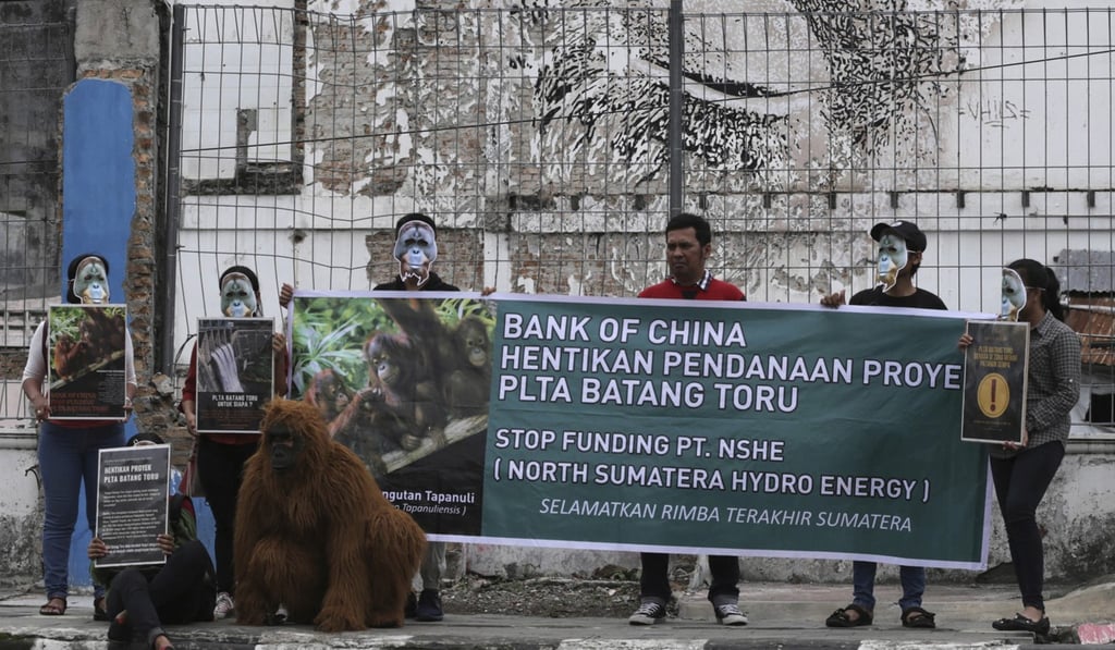 Activists protest against the construction of a Chinese-backed dam in Batang Toru. Photo: AP