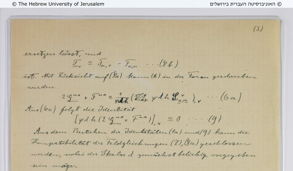 This undated photo, released by the Hebrew University in Jerusalem, shows an appendix to Albert Einstein’s 1930 unified theory written by the scientist, a part of the collection of 110 pages the Chicago-based Crown-Goodman foundation bought from a private collector in Chapel Hill, North Carolina, and donated to the university. Photo: AP