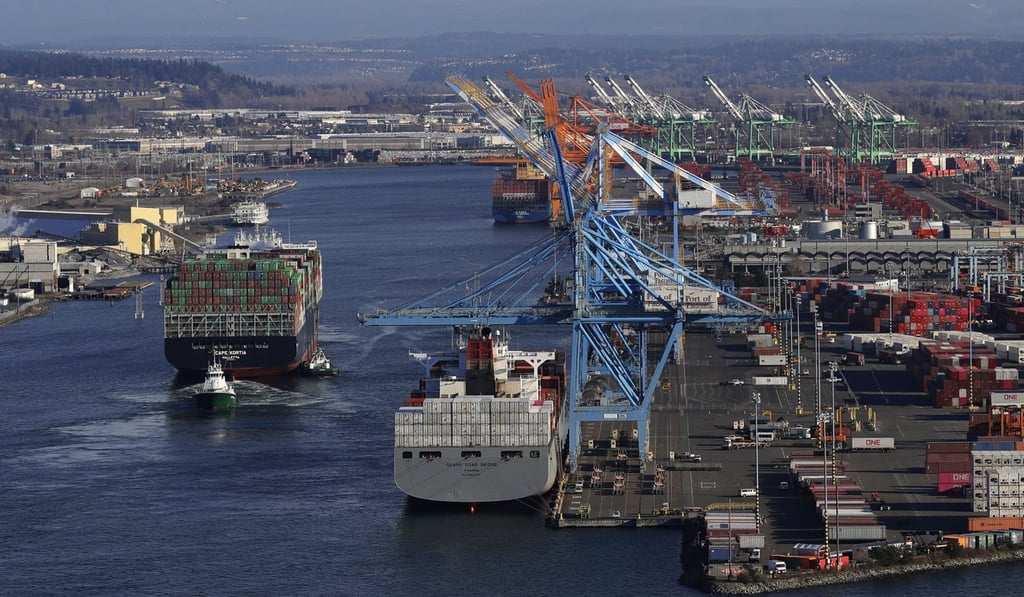 Container ships in Commencement Bay in Tacoma, Washington. The gap with China on goods widened to an all-time record of US$419.2 billion in 2018. Photo: AP