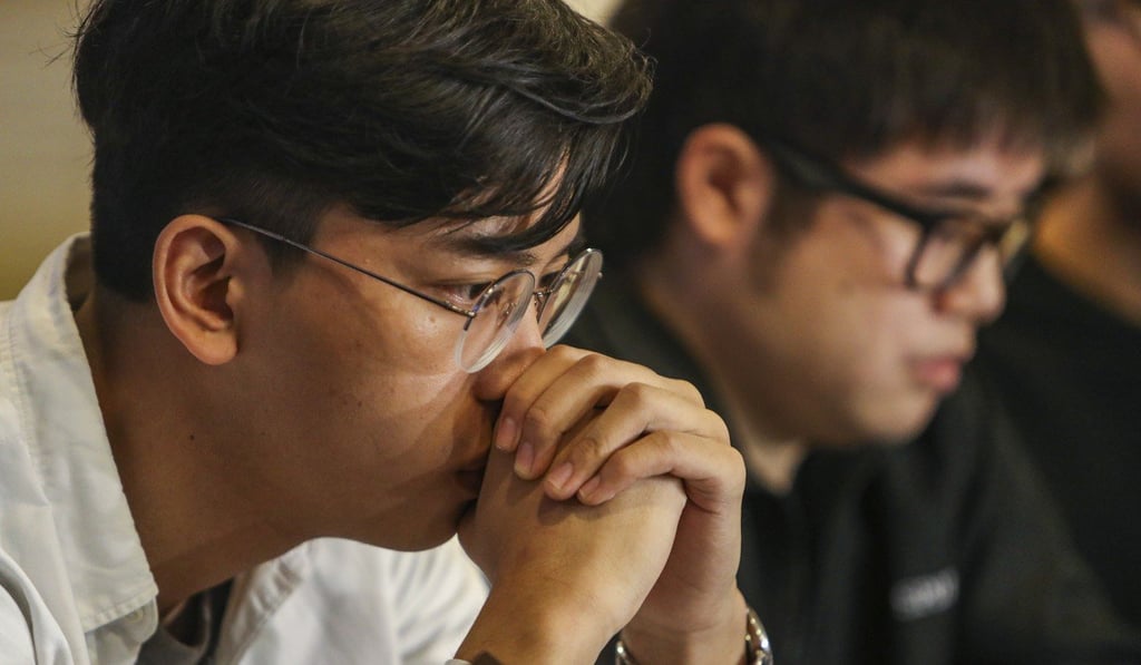 (Left to right) Former Polytechnic University student union president, Lam Wing-hang and postgraduate student, Gerald Ho at a press conference over their respective suspension and expulsion on March 1. Photo: Winson Wong
