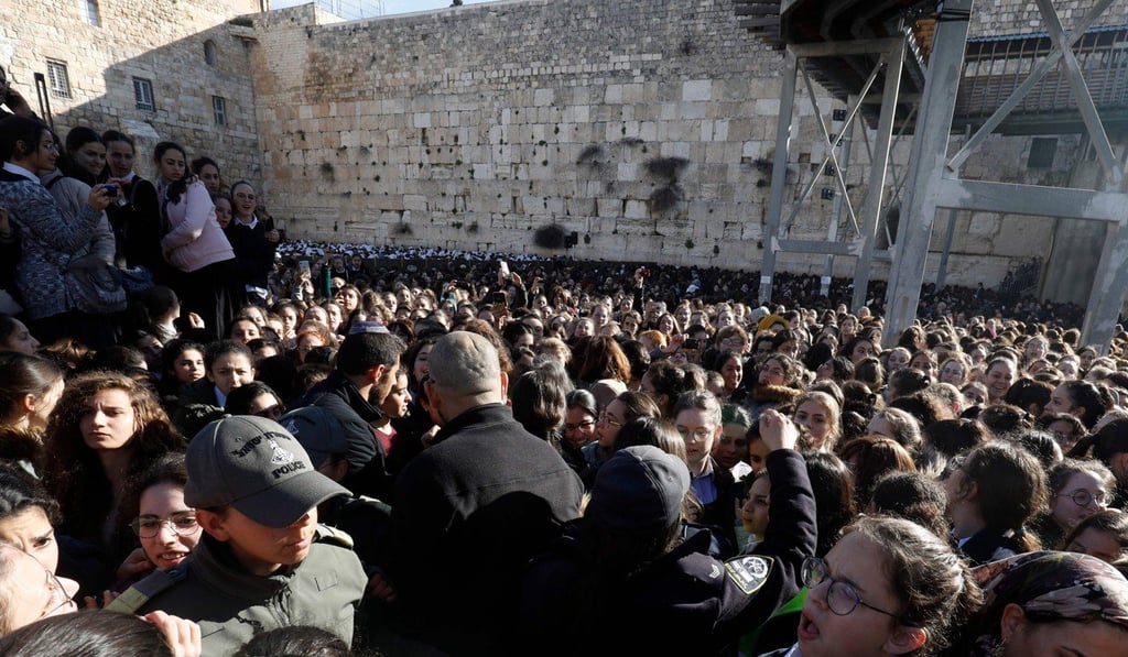 Thousands of ultra-Orthodox Jewish girls gather at the Western Wall on March 8, 2019 to protest against ‘Women of the Wall’ praying at the site. Photo: AFP Thousands of ultra-Orthodox Jewish girls gather at the Western Wall on March 8, 2019 to protest against ‘Women of the Wall’ praying at the site. Photo: AFP