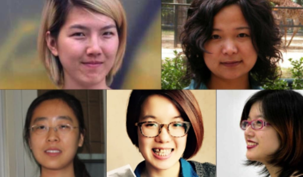 The “Feminist Five” (clockwise from top left): Li Tingting, Wu Rongrong, Zheng Churan, Wei Tingting and Wang Man, who were taken into custody shortly before International Women's Day in 2015 as they were preparing to hand out leaflets about sexual harassment on public transport in Beijing. Photo: AFP/EyePress