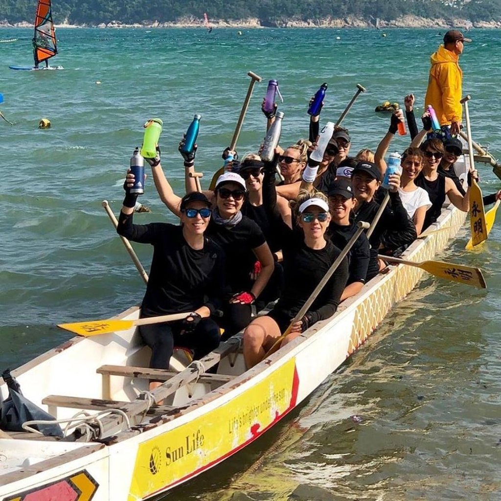 Paddlers from the Green Dragons HK boat crew, the crew behind the “Paddle without Plastic” campaign, with their reusable bottles. Paddlers from the Green Dragons HK boat crew, the crew behind the “Paddle without Plastic” campaign, with their reusable bottles.