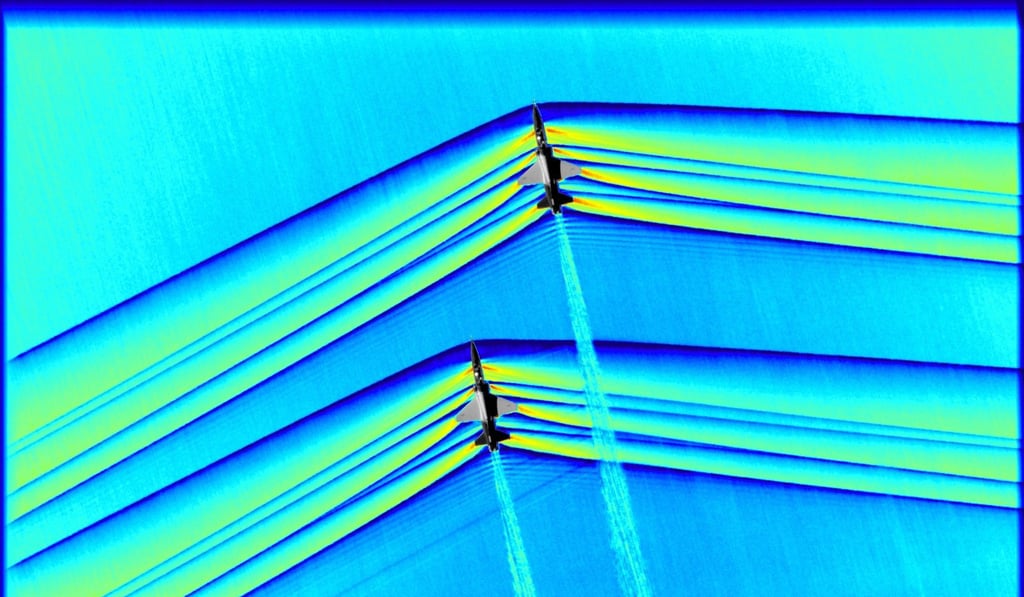 Using the Schlieren photography technique, Nasa was able to capture the first air-to-air images of the interaction of shock waves from two supersonic aircraft flying in formation. Photo: Nasa