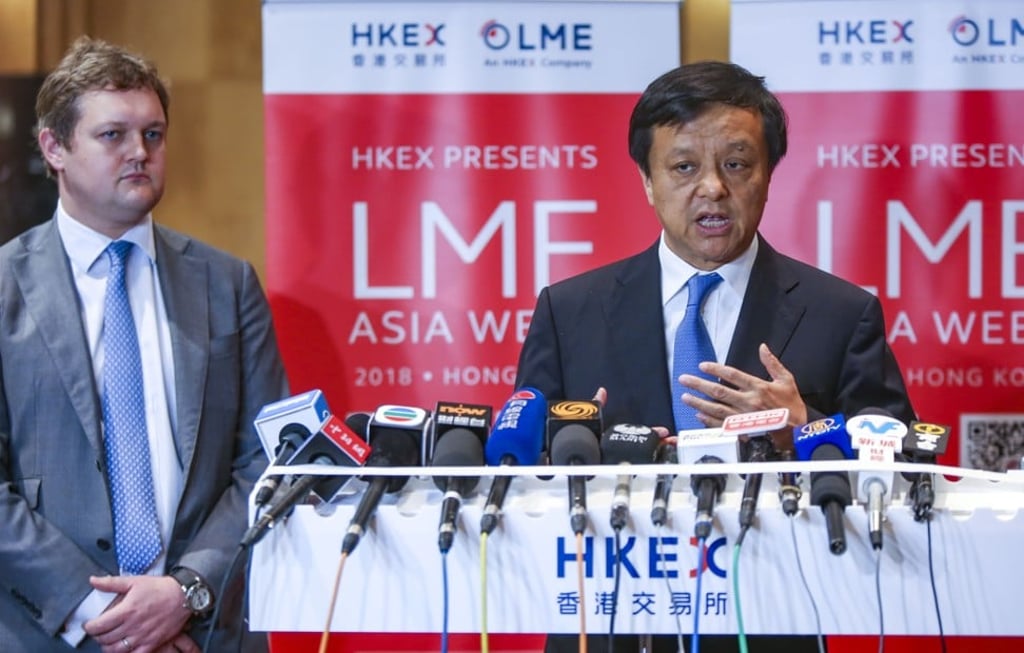 London Metal Exchange chief executive Matthew Chamberlain and HKEX chief executive Charles Li Xiaojia during