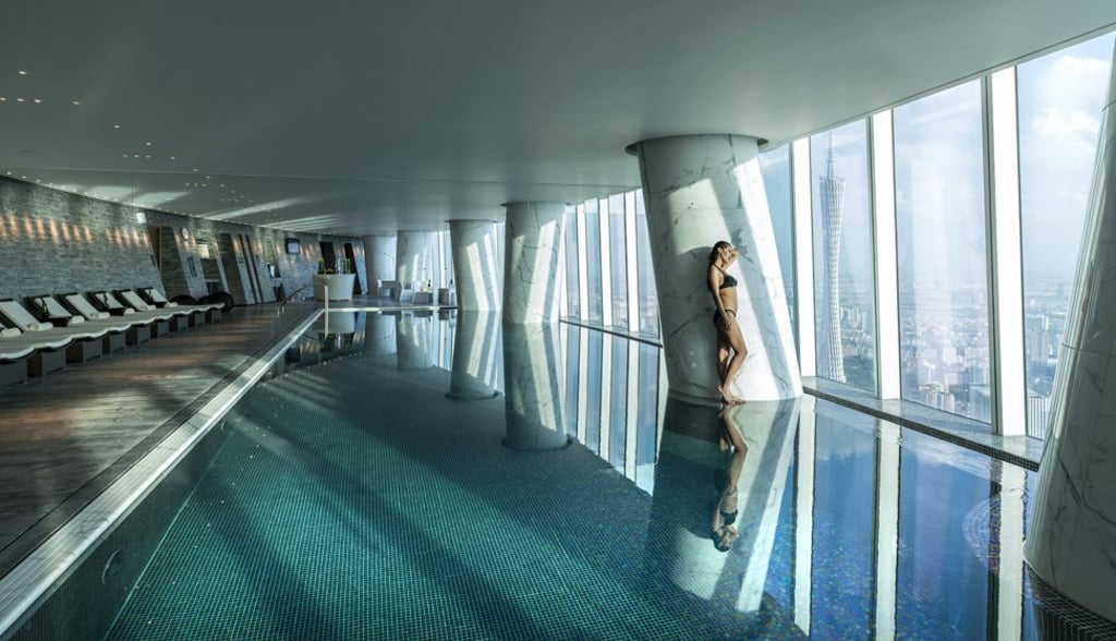 The cloud-level infinity pool at Four Seasons Hotel Guangzhou, which is situated on the top 30 floors of Guangzhou International Finance Centre. The cloud-level infinity pool at Four Seasons Hotel Guangzhou, which is situated on the top 30 floors of Guangzhou International Finance Centre.