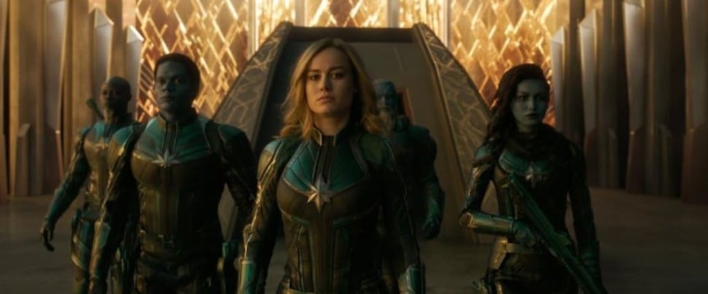Brie Larson (centre), as Captain Marvel, with her fellow cast members (from left) Djimon Hounsou (who plays Korath), Algenis Perez Soto (Att-Lass), Rune Temte (Bron-Char) and Gemma Chan (Minn-Erva), in a scene from ‘Captain Marvel’. Photo: Marvel Studios
