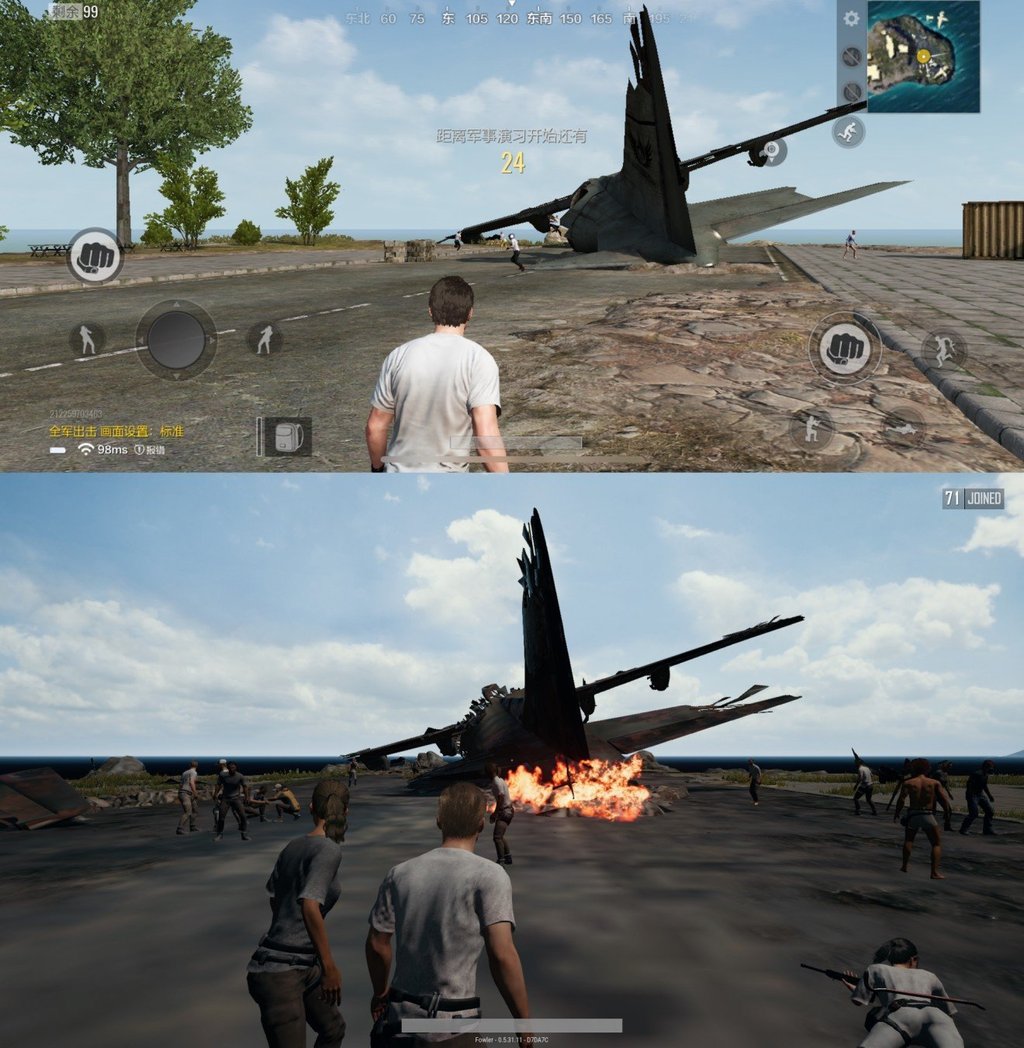 Tencent's PUBG for iPhone (above) compared to the Xbox One version (below) Tencent's PUBG for iPhone (above) compared to the Xbox One version (below)